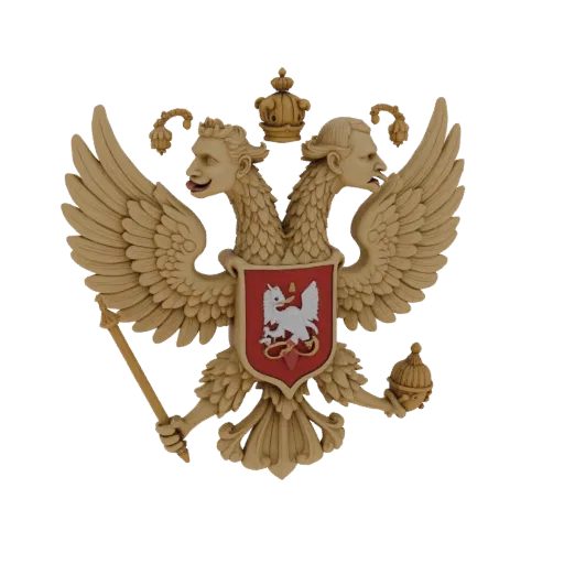 Antique-style 3D model of Russia's Coat of Arms with a double-headed eagle and Putin's heads, one smiling, the other frowning