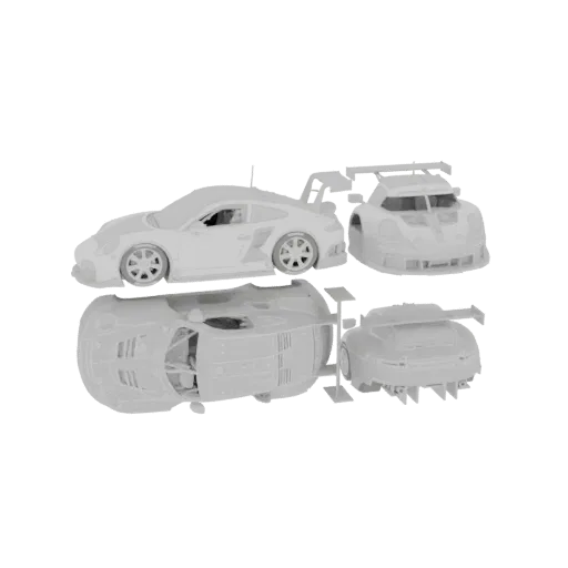 A 3D model of a white Porsche 911 GT3 R race car, shown from multiple angles including side, top, and front views.