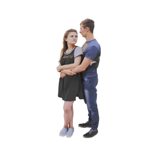 Modelo 3D de um homem jovem abraçando uma mulher jovem por trás, ambos olhando ligeiramente para longe do espectador.