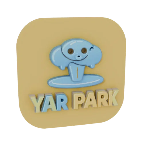 3D Modell des JAR PARK Logos mit 3D-Buchstaben und Cartoon-Darstellung einer Wolke mit Gesicht auf gelbem Hintergrund