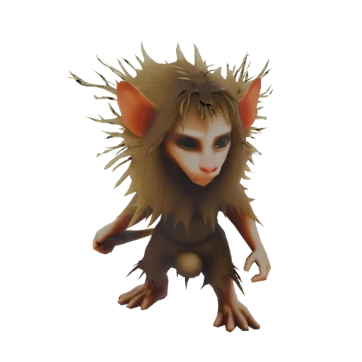 A 3D render of a small, furry forest creature with large ears and a shaggy mane, standing on a white background.