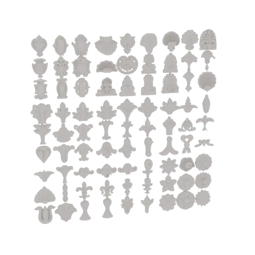 Eine Sammlung verschiedener weißer, dekorativer Architekturelement-3D-Modelle, in einem Raster angeordnet.