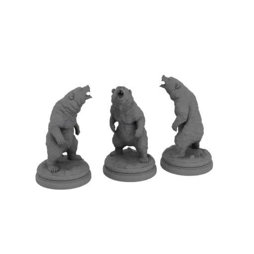 Modelo 3D de três ursos cinzentos em pé sobre as patas traseiras, rugindo agressivamente, montados em bases texturizadas.