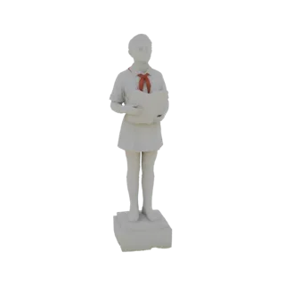 Modello 3D di una statua bianca di una ragazza Giovane Pioniera con sciarpa rossa e libro aperto, in piedi su un piedistallo.