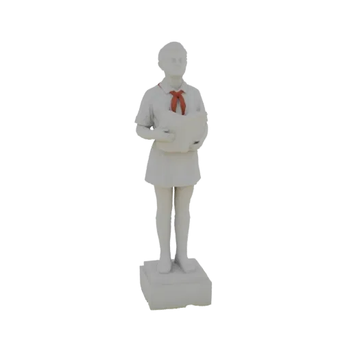 Modelo 3D de uma estátua branca de uma menina Jovem Pioneira usando lenço vermelho e segurando um livro aberto, em pé sobre u