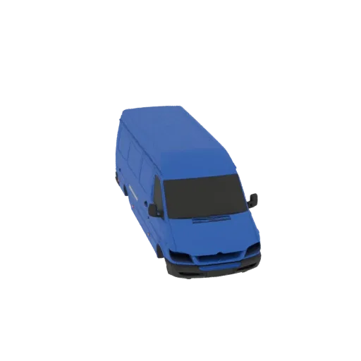 A 3D render of a blue panel van against a black background, viewed from a slightly elevated angle.