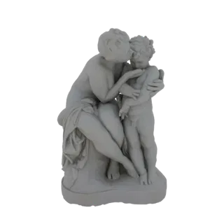 3D model render of a classical sculpture showing Venus tenderly embracing Cupid, with intricate details and a smooth, matte f