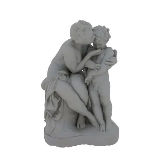 Rendu 3D d'une sculpture classique montrant Vénus embrassant tendrement Cupidon, avec des détails complexes et une finition l
