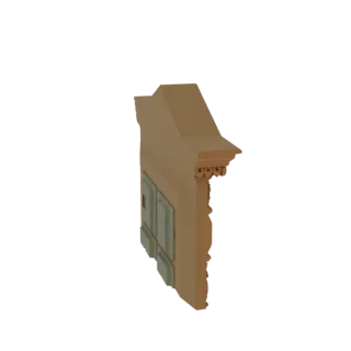 Rendu 3D d'une console de cheminée ornée en bois avec des sculptures détaillées et une finition bois chaleureuse, vu de côté.
