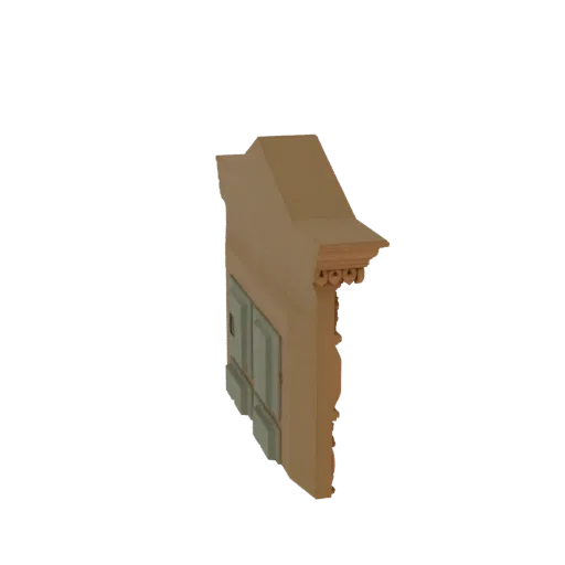 Rendu 3D d'une console de cheminée ornée en bois avec des sculptures détaillées et une finition bois chaleureuse, vu de côté.