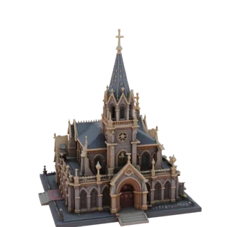 Highly detailed 3D model of a Gothic cathedral with a pointed roof and a cross on top, rendered in beige and gray tones.