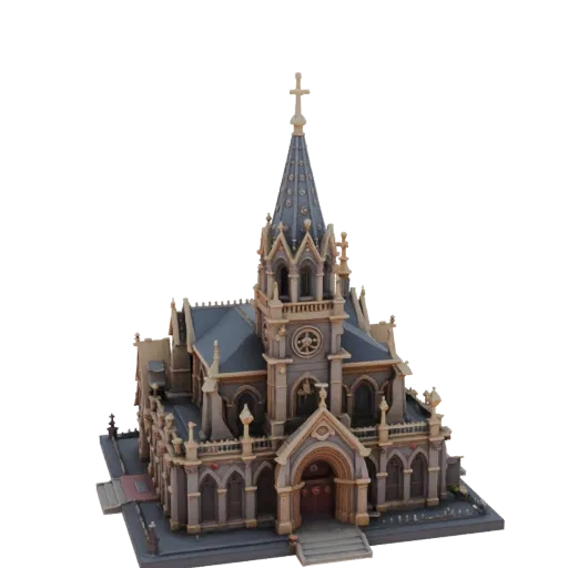 Modelo 3D de catedral gótica con alto nivel de detalle, con tejado puntiagudo y cruz en la cima, en tonos beige y gris.