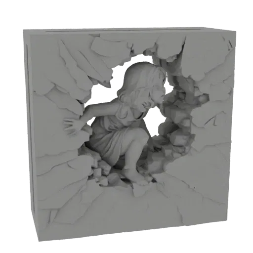 3D-Modell eines jungen Mädchens, das sich durch eine rissige Wand bricht, mit verstreuten Trümmern.