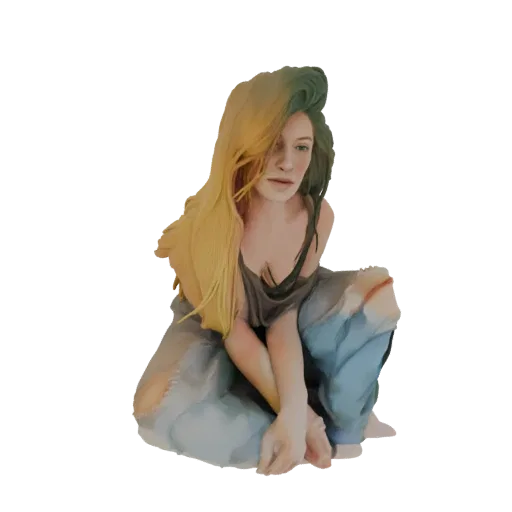 3D-Modell einer hockenden jungen Frau mit zerrissener Jeans und Haaren mit einem Farbverlauf von Blond zu Grün.
