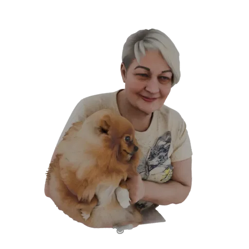 3D model of a woman with short gray hair holding a fluffy Pomeranian dog in her arms.