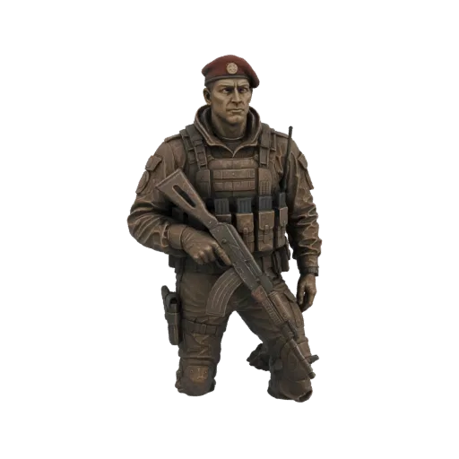 3D model of a soldier in bronze finish, wearing tactical gear and holding an AK-47 rifle, posed in a kneeling stance.