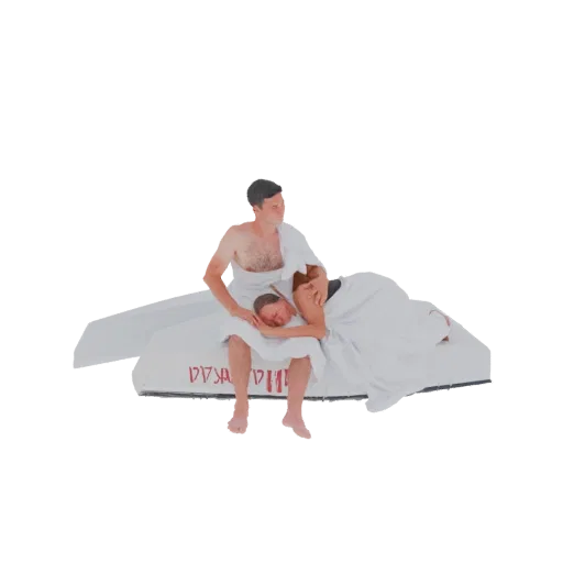 3D model of an ancient Greek couple in white robes, one reclining on the other's lap, seated on a chariot with ancient script
