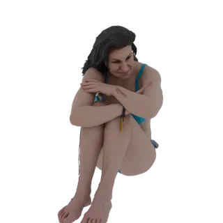 3D model of a distressed woman in a blue bikini, sitting with knees drawn up and arms crossed, showing scratches on her skin.