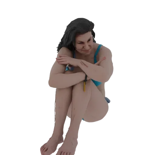 Modelo 3D de mujer afligida en bikini azul, sentada con las rodillas recogidas y los brazos cruzados, mostrando rasguños en l