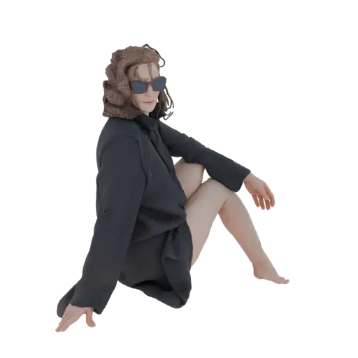 Modelo 3D de mulher com cabelo castanho, óculos de sol e blazer preto, sentada em pose relaxada.