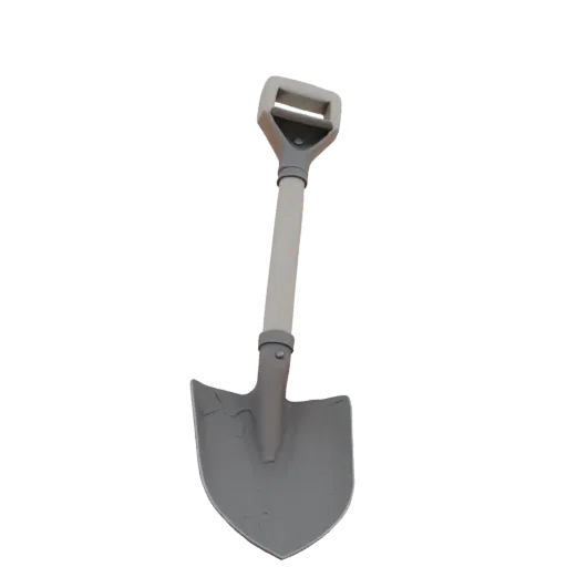 3D shovel model with a gray metal blade and light handle on a black background