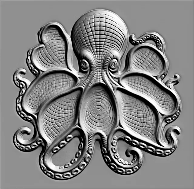 3D model of Baroque octopus bas-relief with detailed tentacles and texture