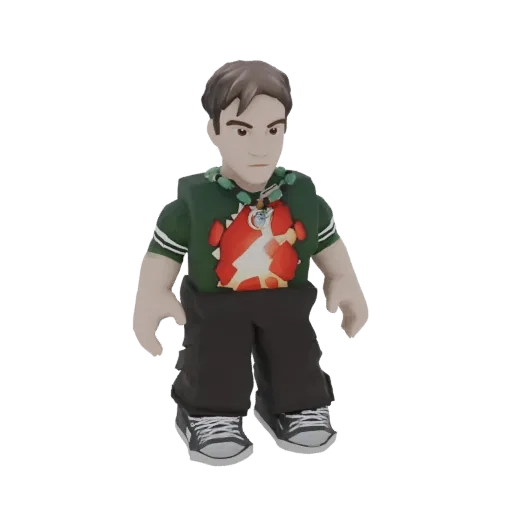 3D model of a Roblox-style character wearing a green t-shirt with a dragon print and a beaded necklace, dark cargo pants, and