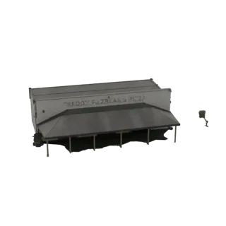 3D model of Freddy Fazbear's Pizza building with a large front canopy and signage, seen from a slightly elevated angle.