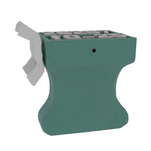 3D model of a teal-colored number stamp set with light gray digits and a white lever mechanism.