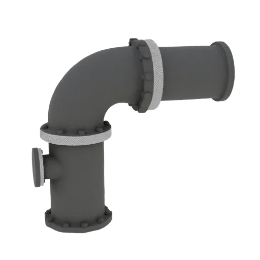 3D model of an industrial pipe reducer with two flanges and a 90-degree bend, rendered in gray.