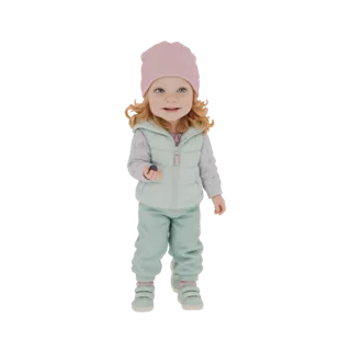 3D-Modell eines Kleinkind-Mädchens mit pinker Mütze, hellgrüner Steppweste und passender Hose, das eine kleine Beere hält.