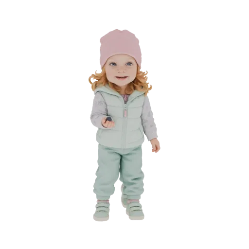 3D-Modell eines Kleinkind-Mädchens mit pinker Mütze, hellgrüner Steppweste und passender Hose, das eine kleine Beere hält.