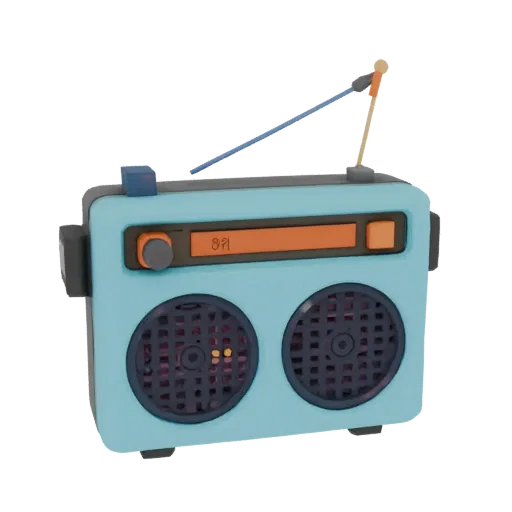 3D model of a Roblox style retro radio, turquoise color, with an orange screen and two speakers, on a black background.