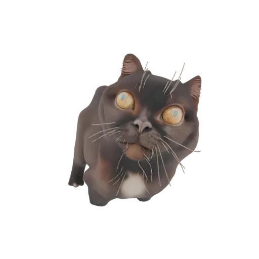 A stylized 3D model of a black cat with large yellow eyes, looking upwards with a curious expression.