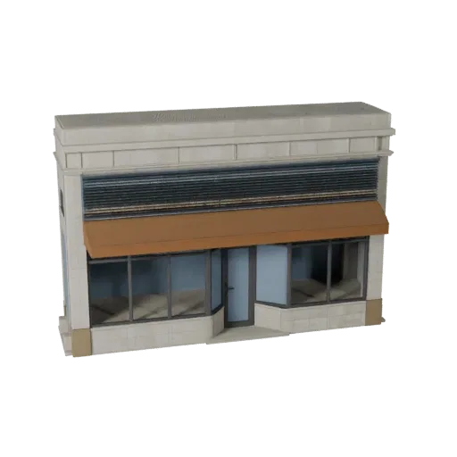 نموذج ثلاثي الأبعاد لواجهة متجر قابلة للطباعة جاهزة_stl، عرض متساوي القياس، يظهر مواد واجهة المبنى والتفاصيل المعمارية