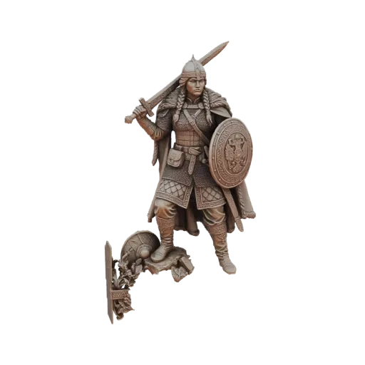 3D model of a female Viking warrior in armor, holding a sword and shield, standing on a rocky base.