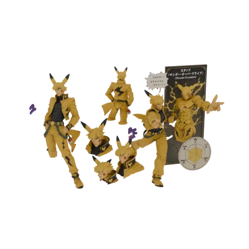Rendu 3D d'un ensemble de figurines Pikachu humanoïdes dans diverses poses d'action, avec têtes et accessoires interchangeabl
