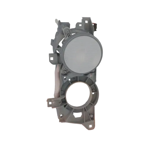 3D model of a gray automotive fog light assembly with a circular lens and a detailed mounting bracket, presented on a black b