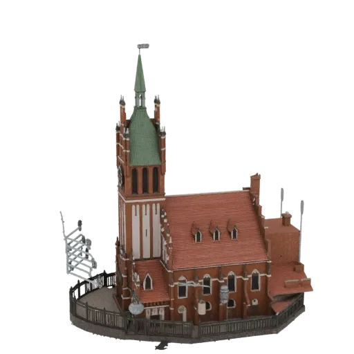 3D-Modell einer detaillierten gotischen Kirche mit rotem Ziegeldach und hohem Uhrturm, vor weißem Hintergrund.
