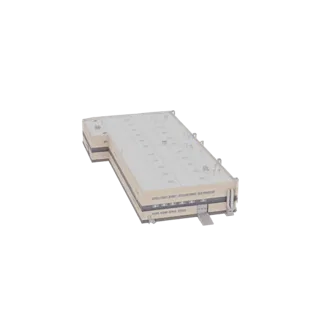 3D model of a modern industrial warehouse building with a flat roof and loading bays, viewed from a slightly elevated angle.