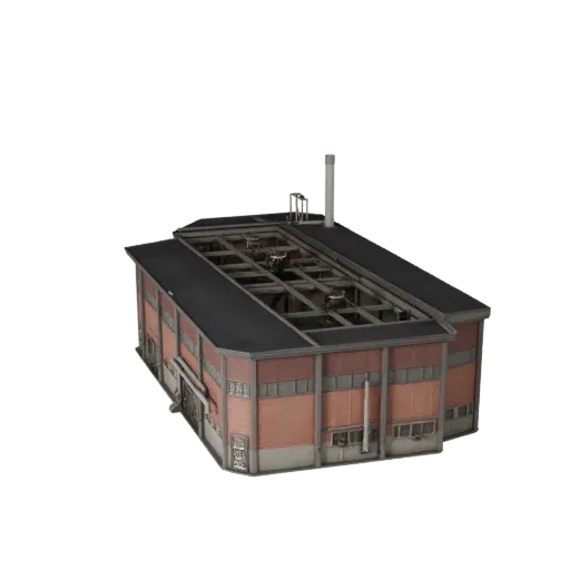 Wasseraufbereitungsanlage realistisches 3D-Modell, dreiviertel Außenansicht, mit industriellen Gebäudematerialien und archite