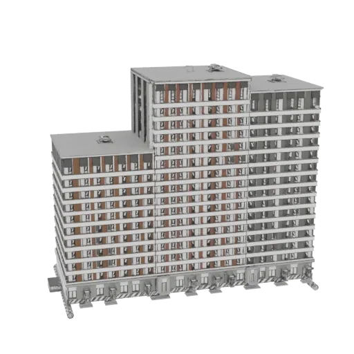 3D model of a modern apartment building with multiple floors, balconies, and L-shaped wings, rendered against a black backgro