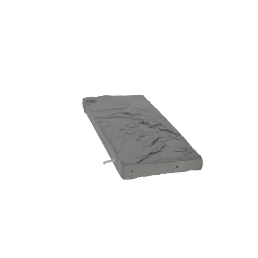 Modelo 3D de plataforma rectangular texturizada con superficie elevada e irregular, mostrada desde un ligero ángulo.