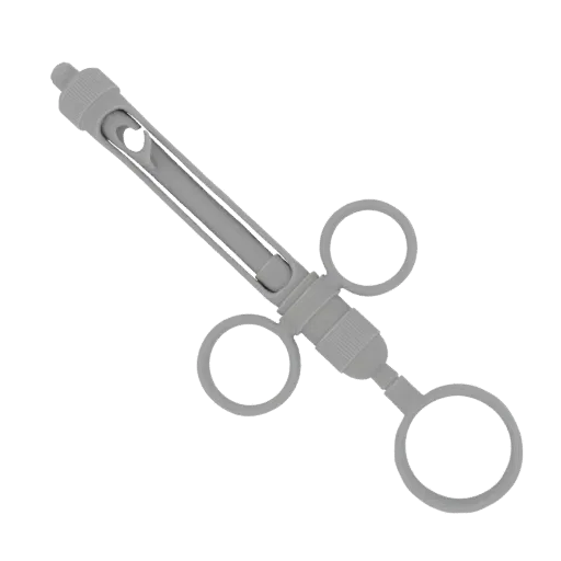 Modelo 3D de uma seringa odontológica cinza com três anéis para dedos, apresentado contra um fundo branco.