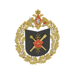 Modelo 3D del emblema militar ruso con corona de roble dorada, cañones cruzados y cresta de águila bicéfala.