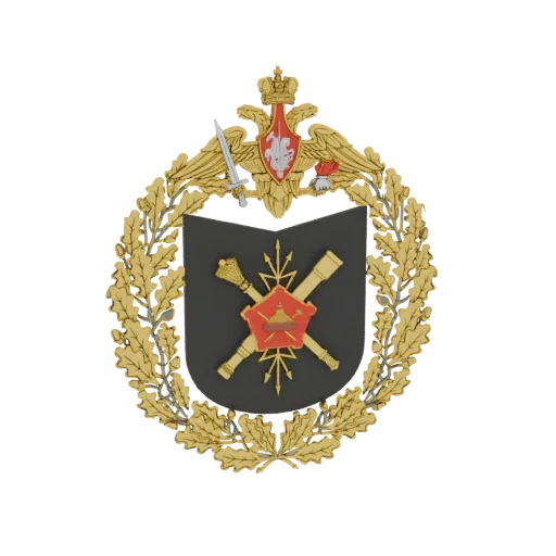 Modèle 3D de l'emblème militaire russe avec une couronne de chêne dorée, des canons croisés et une crête d'aigle bicéphale.