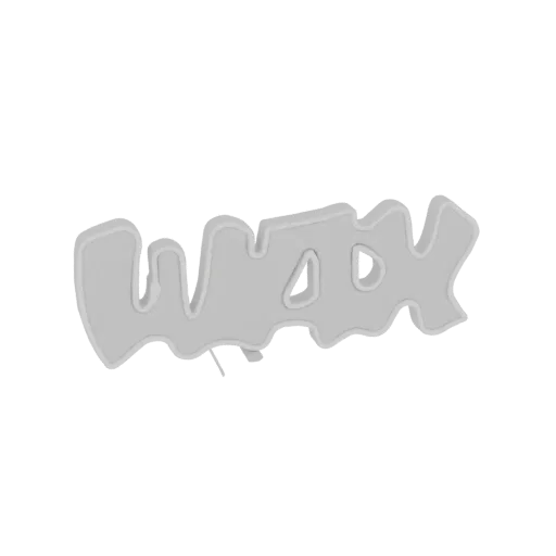 3D model of the word 'WAX' in a stylized, bold graffiti font, rendered in a light gray color against a white background.