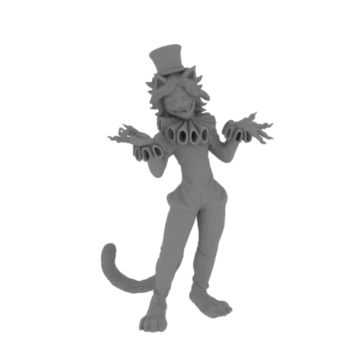 Modelo 3D de personagem gato antropomórfico usando cartola e gola frisada, em pose brincalhona.