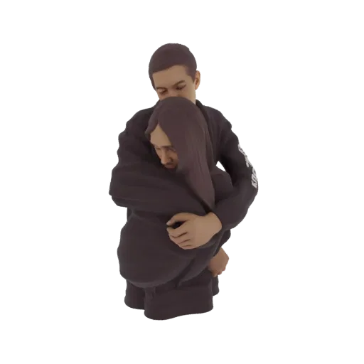 3D model of two figures in a tender embrace, one holding the other closely with a sense of comfort and connection.