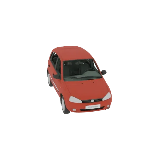 Um modelo 3D de um carro hatch vermelho, visto de um ângulo ligeiramente elevado, contra um fundo preto.